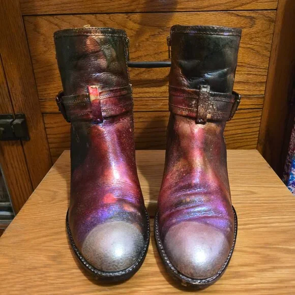 HANDCRAFTED Upcycled Leather Boots HANDPAINTED Size 9M Ankle Bootie Wearable Art - Picture 3 of 17